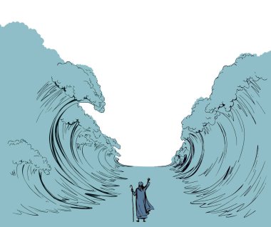 İsrail erkek lider kadrosunun kölelikten kaçtığına inanıyorum. Klasik İsrail sanat eseri çizimleri, el çizimi, karikatür çizimi gökyüzü. Büyük okyanus fırtınası ayrı pesach Seder Law Wonder sahnesi