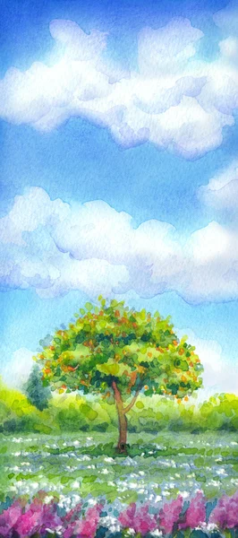 Акварельный пейзаж серии "Дерево в разные времена года" " — стоковое фото