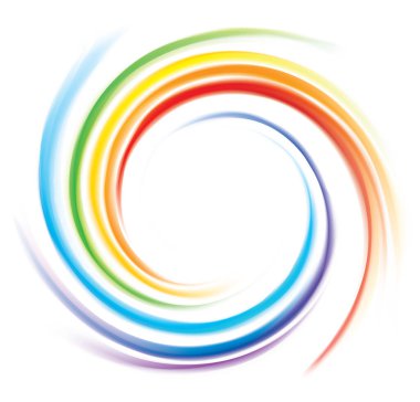 Creative eddy festival happy surface of vivid multi colored glossy curled spraying rippled ring. Yellow, green, blue, red, orange gamut stripes. Closeup view with space for text in glowing white center