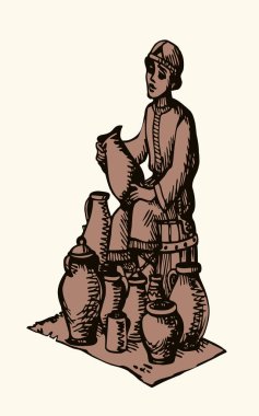 Eski Asya Festivali 'nde çalışan zavallı yahudi adam yemek yağlı kil yemek kabı kase kase çiftliği hırdavat dükkânı iş yeri İncil sokak sahnesi Yahudi erkek adam kutsal kitap adamı Asya eskiz sanatını çizdi