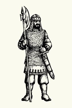 Geçmiş Kelt yüzyılının İncil 'i Pers çağı kraliyet erkek insan kral savaş kahramanı mızrak gücü. Kara El, Asya Rusya varang teçhizat elbise Doğu Asya Rus eskiz İncilsel oyma sanat beyaz sembolü