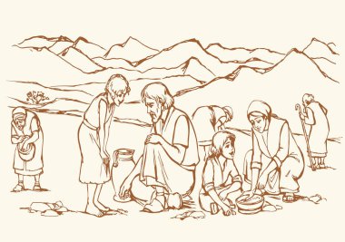 Yahudi Doğu Arap insan kalabalığı çocuk ayağa kalk mutlu beyaz gökyüzü taşı sinai kuru tohum saksı işi el çizimi eskiz zavallı yaşlı doğu hanımı Tanrı yemek yolunu korusun