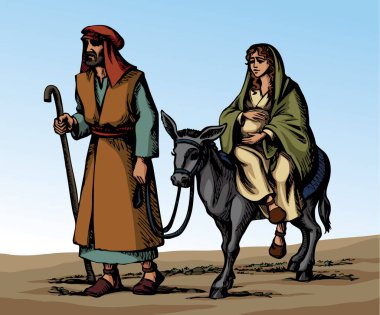 Josef Maria, yeni kutsal azize git ve katıra bin. Doğu İsrail 'den kaç. Gece gökyüzünü aydınlat. El çizimi eski mutlu Noel arifesi kaçış hikayesi eskiz çizimi, çizgi film inancı sahne ikonu sembolü