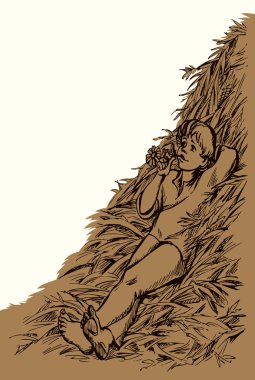 Köylü, yorgun, erkek, gülümseyen, uykulu, uykucu, çayırlık, gece yarısı gökyüzü. Eski, el yapımı sanat eseri. Kadın, genç, eğlenceli, kuru ekmek hasadı.