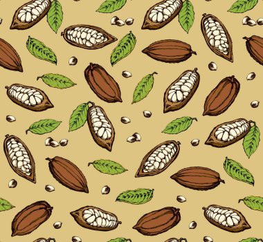 Büyük yeşil teobroma yaprakları beyazların üzerine kurulmuş. Parlak renkli el çizimi menü ambalaj kağıdına resim çizimi şeklinde simge simgesi tasarımı çizimi. Yakın görünüm