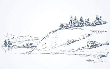 Yüksek nehir kıyısındaki kırsal uçurum çalı çayırı sahnesi. Alp Rıhtımı kamp köşkü beyaz gökyüzünde yazı için uzayda. Çizgi siyah mürekkep el çizilmiş kulübe resim sanat klasiği karalama stili kağıt üzerine kalem oyma