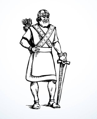 Geçmiş orta doğu üzgün Arap kraliyet kralı David tanrı kahraman zafer kazandı. Kara El beyaz Asyalı Yahudi gururlu bir savaş saldırısı olduğunu düşünüyor. Kılıç savaşı. İran giysisi.