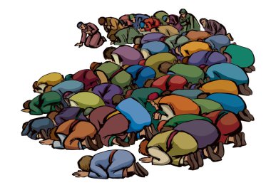 Kutsal BAE diz çökün Katar Arabistan erkek grubu kölesi Kral İsa 'ya yalvar beyaz toprak metin uzayı Kara çizgi el çizimi övgü dolu kız Kabe idolü eski İncil taslak sembolünü kutsa