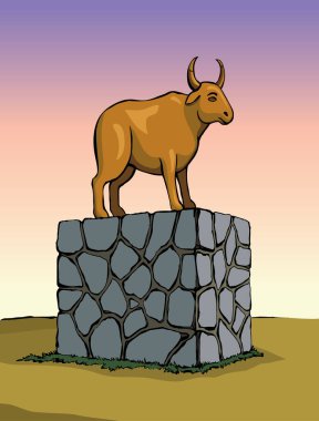 Orta Doğu 'da büyük bir taş Mısır' da altın sarısı Yahudi efsanesi beyaz kral ritüel boynuzu çiftliği erkek sığır ağası tapınağı simgesi el çizimi doğa tarlası tepesi parkı eskizi kutsal Musa hukuku sanatı grafik tarzı