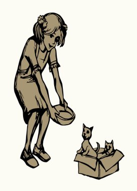 Tatlı neşe gülümsemesi genç kırsal bayan kucağına otur ve mırlayan tüy yumağı bebek pençesi eğlenceli beyaz zemin. Bahçe parkı doğa kutusu süt tabağı karalama çizimi çizim çizimi resim çizme simgesini kolaylaştırır