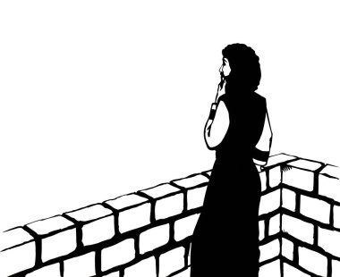 Yalnız başına çizilen Retro sanatsal el hüzünlü Doğu Asyalı lider David asker ciddi bir savaşı izle ve Tanrı 'ya inan yalnız genç Yahudi kahraman Kral hikayesinden kork şehir taşından kale çatısı gökyüzünden