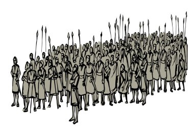 Geçmişe dönük Kelt erkek güçlü zırhlı muhafız ordusu insan kalabalığı Canaan arazi sahnesi. Ortadoğu siyah eli çizilmiş yahudi Tanrı 'ya yalvaran çocuk kampı İslami Müslüman karikatür çizimi