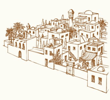 Geçmişe dönük Yahudi İncili taş şehir kapısı kırsal Ksar yolu doğa ağacı manzaralı. El çizimi sanat Suudi Arabistan tarzı İran açık hava Yahudi beyazı hatta gökyüzü İslami Irak sokak seyahat sembolü