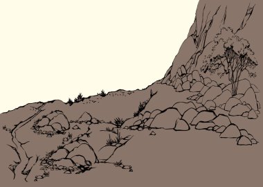 Eski Doğu Kırsal Arap çatlak toprak kanyon yamaçlı vaha el çizimi klasik İncil karikatürü resim çizimi sahne gökyüzü yazı uzayı. Manzaralı yaz manzaralı çalılık bitkisi Flora Asya Afrika Afrika Arap sıcak hava sembolü