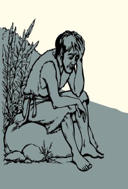 İncil çocuk köle işçi. Ortadoğu yırtık giysileri, hasta ruhlu, sarhoş, günahkar, kederli, kederli, kederli, gözyaşı döken, yalvaran, inançlı, eski, İncil 'e ait sanat eskizi.