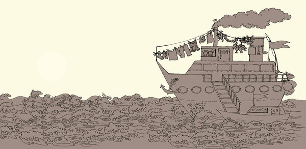 Side view Big cute old power retro naval white stair go swim race lake wave cloud sky text space. Outline hand drawn small play modern fun kid sport navy pier toy game sign icon sketch line art style