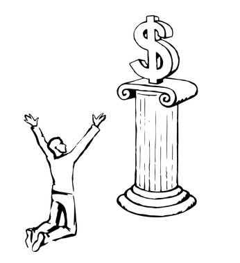 Yaşlı erkek adam namaz kılıyor, el kaldırıyor, iş bakıyor, Buck Price tapınağı kürsüsü alıyor. Çizgiyi aşan zengin çocuk tüccarı ABD fatura satar nakit para kazanır logo kazanır eğlenceli eskiz sanatı