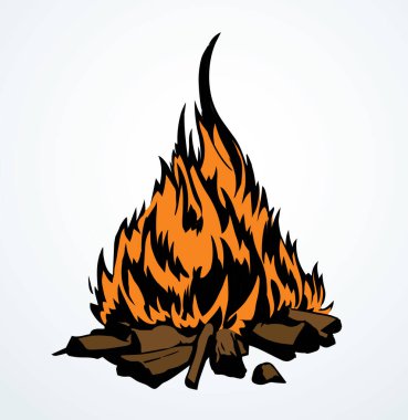 Kapalı eski parlak ışık kırmızı sıcak kömür kömürü sıcak kül taşı orman manzarası açık beyaz gökyüzü metin alanı. Çizgi koyu siyah mürekkep kalem eli çizilmiş eko yemek yaşam logosu kavramı antik Yahudi tanrı sanat stili