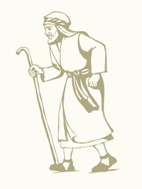 Yetişkin bilge, orta yaşlı erkek Yahudi, beyaz bornoz, baston görünümlü İsrail elbisesi giyer. El çizimi siyah retro müslüman uae uae hindi çöl adam Paul dua Tanrı İsa Mesih inancı yol inanış İslam sanat yolu