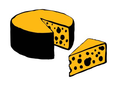 Lezzetli, turuncu, lezzetli Hollanda peyniri arkaplanda. Parlak sarı renkli el çizimi Fransız peyniri amblem tasarımı kağıt metin alanında retro sanat karalama tarzı kalem. Yakın görünüm