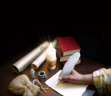 Son zamanlarda İncil 'deki kutsal tanrı hukuku öğretmeni Paul' un posta sayfası boşluğunu kapatın. Kapalı kollu mürekkep. Sanat eseri Peter 'ın günlüğünü çiz. Yahudi kadın kâtip.