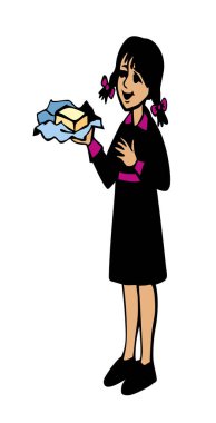 Küçük genç bayan Betty Botter kollarını kaldırıp gösteri çanağı taşır. Lezzetli bir dondurma, eski bir kâğıt paketi, kırsal retro elbise. El yapımı mürekkep sanatları neşe kaynağı kadın servis işi sat öğle yemeği simgesi al