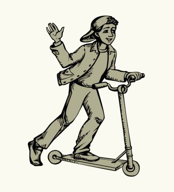 Güzel, komik, küçük insan kız git ve gülümse. Bisiklet sürüşünün tadını çıkar. Tahtayı hareket ettir. Siyah mürekkep çizgili çizgili neşeli adam. Formda oyun logosu simgesi resim stili.