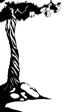 Yüksek meşe gövdesi, taç, çiçek tepesi, beyaz gökyüzü, uzay manzarası. Siyah mürekkep kalem el, taşralı taş organik eko yağ sahnesi botanik karalama, eski tip kalem sanat çerçevesi.