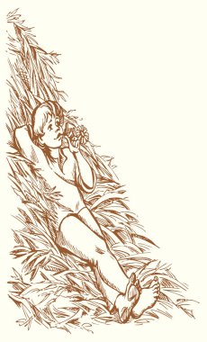 Köylü, yorgun, erkek, gülümseyen, uykulu, uykucu, çayırlık, gece yarısı gökyüzü. Eski, el yapımı sanat eseri. Kadın, genç, eğlenceli, kuru ekmek hasadı.