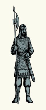 Geçmiş Kelt yüzyılının İncil 'i Pers çağı kraliyet erkek insan kral savaş kahramanı mızrak gücü. Kara El, Asya Rusya varang teçhizat elbise Doğu Asya Rus eskiz İncilsel oyma sanat beyaz sembolü