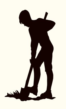 Siyah çizgili el çizilmiş genç kız bacağı ayak kaşığı çamur ot yetiştirme çukur bakımı kök tohumu eski moda çizgi film eskiz sanatı. Yakından bakınca genç bir erkek, ekin hobisi simgesi gibi duruyor.