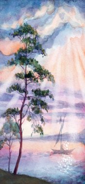 Parlak ressam el boyası sisli körfez bulutlu parlak ışık sahne çizimi Vahşi bahar ağacı köknar ağacı çayırı çim tepesi kırsal arazi sakin gündüz yelken adam manzaralı dere manzarası