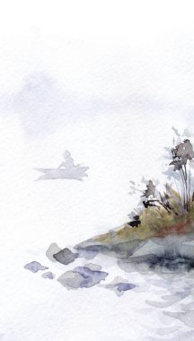 El çizimi resimler Spring Creek Körfezi sisi yağmurlu, alacakaranlık sahnesi aydınlık kağıt metin alanı. Sisli, sakin, yağmurlu, eski, kır parkı, yelkenli, erkek, vahşi av, hobi, seyahat çubuğu, kumsal manzarası.