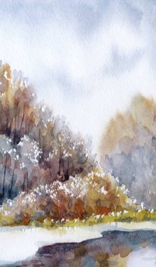 Parlak el çizimi resim çizimi, hafif kağıt kapaklı arka plan metin alanı. Sakin mavi renk sürükleniyor kuru baston çalılar bitki dalları kış zamanı rime sahne buzlu yeni yıl dere kıyısı sahnesi deniz kıyısı manzarası