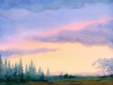 El çizimi parlak açık pembe renkli kağıt ev vadisi cennet arkaplan metni alanı. Karanlık, sisli, dumanlı, yağmurlu, havadar, manzaralı, çimenli, çimenli, çimenli yol manzaralı, soyut bir manzara.