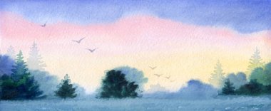 El çizimi açık kırmızı boyalı kuş resmi çizimi vadi çim biçme sahnesi sahne kağıdı metin arkaplanı. Pembe renk, sisli bozkır, sis dumanı, çalılar, çalı ağaçları manzaralı yollar.