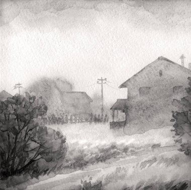 El çizimi, açık kırmızı boya, sisli bahar yağmuru, kırsal çim biçme, orman manzarası. Sakin alacakaranlık sisi dökülüyor yabani odun çalıları bitki dalları eski şehir eski şehir villa barakası manzarası manzarası