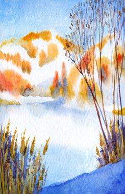 Parlak el, suluboya taze sonbahar bahçesi bulutu serin bahar günü sahne arkası kâğıdı açık renk boya sanat eserleri. Çalı çırpı vadisi kırsal sakin, nemli, buzlu, yeni yıl dere kıyısı manzaralı.