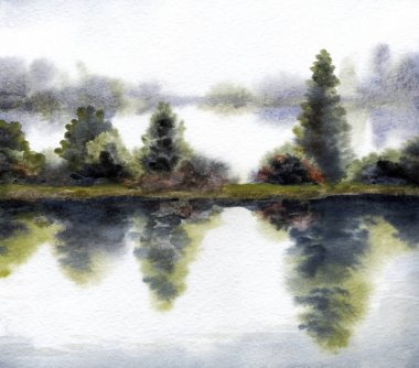 El çizimi suluboya resim çizimi kağıt metin alanı. Kırsal sakin çalı çalısı, çalı tarlası, dere yatağı, sel, yağmur manzarası. Serin bahar sisli sonbahar kumsal eski sanat eserleri sahnesi