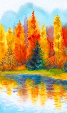 Canlı bir el çizimi akvaryum taze çimen güzellik sahnesi kağıt metin arkaplanı. Parlak kırmızı turuncu renkli boya çalılık sakin, serin hava günü. Manzaralı dere körfezi sahili kırsal arazi manzarası