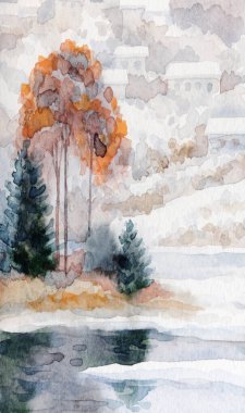 El çizimi sanat eseri serin yeni yıl sis bulutlu gün sahnesi. Açık beyaz kart arka plan eski tarz. Parlak renk eski çalı ormanı buz gibi soğuk sakin gölet göleti kıyısı manzarası