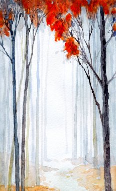 Elle çizilmiş ressam suluboya, sisli kağıt, metin arkaplanı. Siyah renk boya, buzlu kırmızı fırça tarzı sisli kırsal çalılık manzaralı. Sakin eski dal soluk avlu çizim sahne