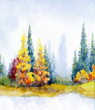 Canlı bir el çizimi akvaryum taze çimen güzellik sahnesi kağıt metin arkaplanı. Parlak kırmızı turuncu renkli boya çalılık sakin, serin hava günü. Manzaralı dere körfezi sahili kırsal arazi manzarası