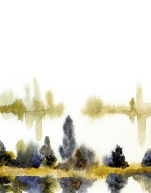 El çizimi suluboya resim çizimi kağıt metin alanı. Kırsal sakin çalı çalısı, çalı tarlası, dere yatağı, sel, yağmur manzarası. Serin bahar sisli sonbahar kumsal eski sanat eserleri sahnesi