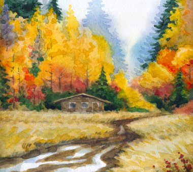 Kağıt desenli arkaplana elle çizilmiş suluboya resim. Taiga nemli sis günü manzaralı bulutlu manzara üzerine metin uzayı. Parlak kırmızı turuncu renk yabani çimen bitkisi kara akrilik Rusya manzarası