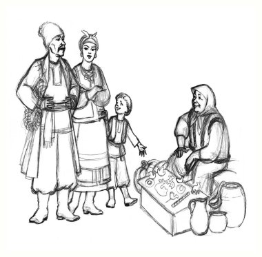 Retro festivali kızı perakende satış elemanı oyuncakları hediye malzemeleri mağazası sahnesinde çalışıyor. El yapımı Asya kasabası Asya çadır rafı...... erkek alıcı...... insan işçisi...... çaydanlık taze meyve tabağı...... sanatı stili gösteriyor.