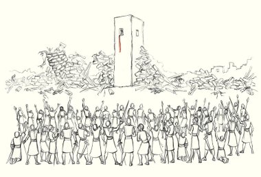 Retro past age Israeli century east nation male human Rahab scene. Black line hand drawn holy faith Jew Hebrew knight prayer Joshua shout trumpet break down pray god miracl sound stone ruin art sketch