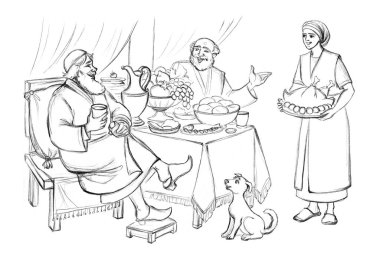 Doğu Arap erkek Yahudi, elinde bardak şarap, köpeğinde de peçe var. İncil 'e ait bir hikaye çiz, neşeli bir resim, gülümse, konuş, köle aşçı kadın işi yap, lezzetli bir kuş tepsisi ver.