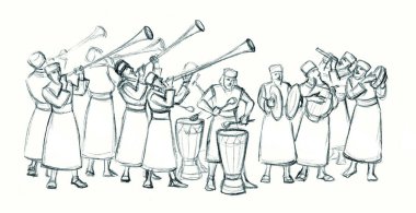 Geçmiş zaman kraliyet eğlence partisi erkek Yahudi rahip dua eder lir halk şarkısı çalar çıngırdar Doğu Yahudi üflemeli rüzgar düdüğü çalar bas gitar sesi İslamcı el çizer İncil 'deki sanat eserini çizer