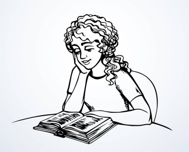 Sevimli, genç, mutlu, neşeli, gülümseyen bebek, otur, dinlen, kilise odasında dinlen. Kara kalem çizgisi tek başına eğlenceli gençlik rüyası eski moda sınıfının antika masaları açtığına, kutsal antik dualar okuduğuna, İncil 'deki İsa inancı, bilgelik hikayeleri sanatı anlattığına inan.